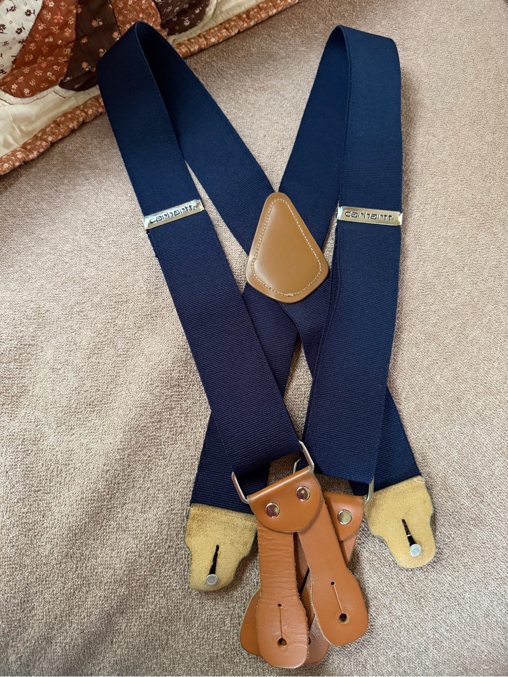 Carhartt Navy Blue and Leather Dungaree Suspenders